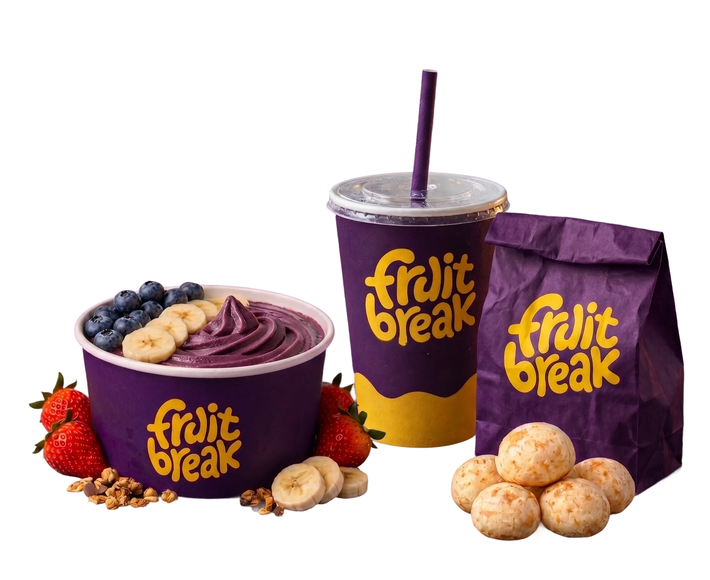 Fruit Break bowls and cups with bold purple branding
